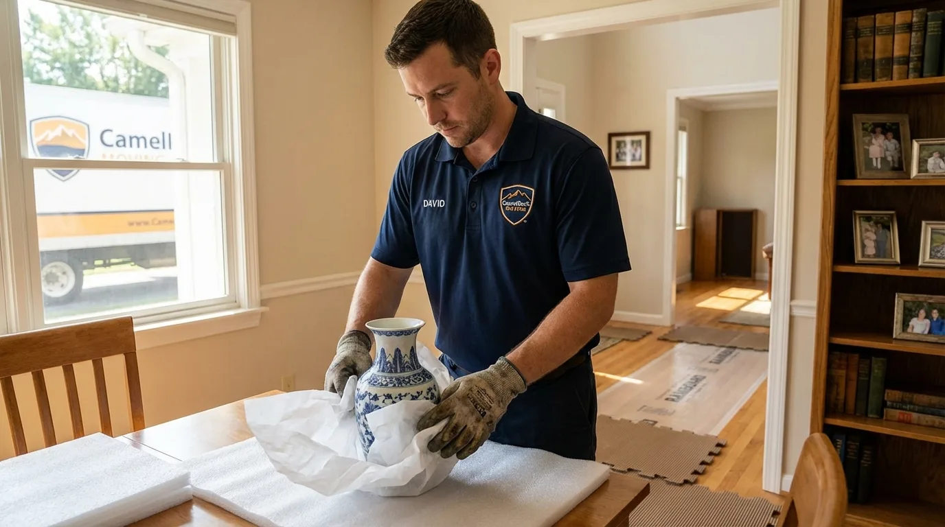 Professional crew carefully wrapping antique vase for senior downsizing move in Ord, NE