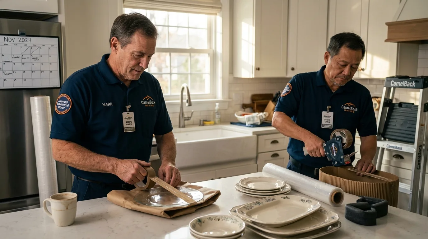 Professional crew packing kitchen dishware in Ord, NE